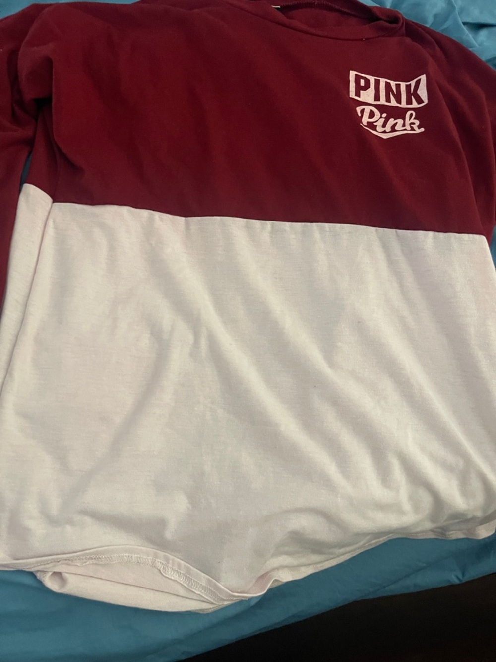 PINK Victoria's Secret Maroon and White Colorblock Long Sleeve Tee